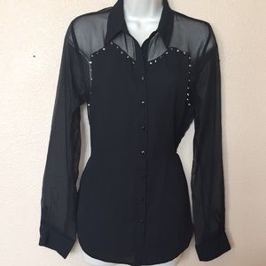 Edgy sexy black sheer spike studded blouse Med